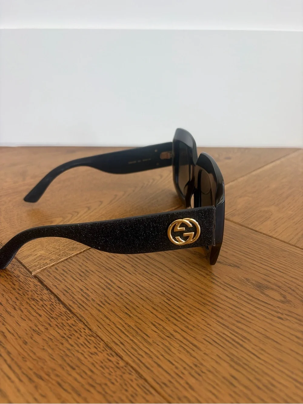 Gucci Black Glitter Oversized Square Sunglasses with Gold GG Temples